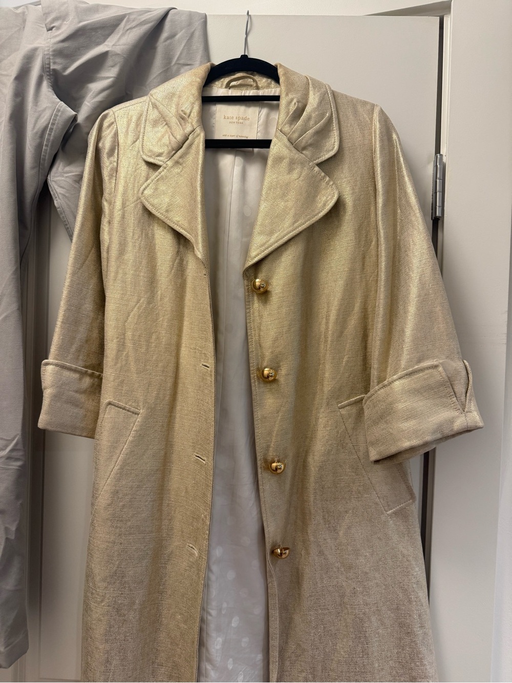 Kate Spade Velma Safari Gold Metallic Linen Trench Coat Jacket, size Small
